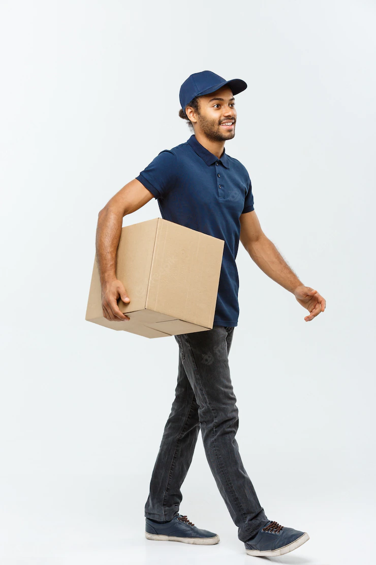 Delivery Concept Handsome African American Delivery Man Isolated Grey Studio Background Copy Space 1258 1271