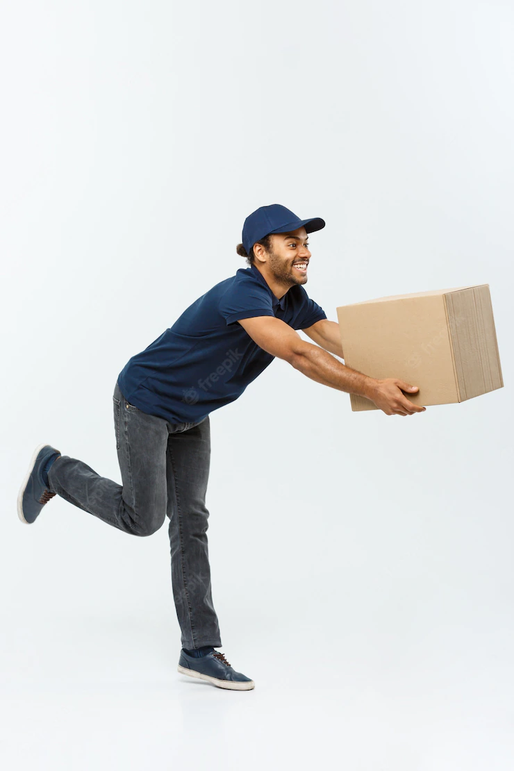 Delivery Concept Handsome African American Delivery Man Rush Running Delivering Package Customer Isolated Grey Studio Background Copy Space 1258 1273