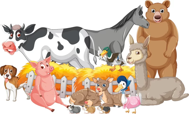 Different types of farm animals by the fence Free Vector