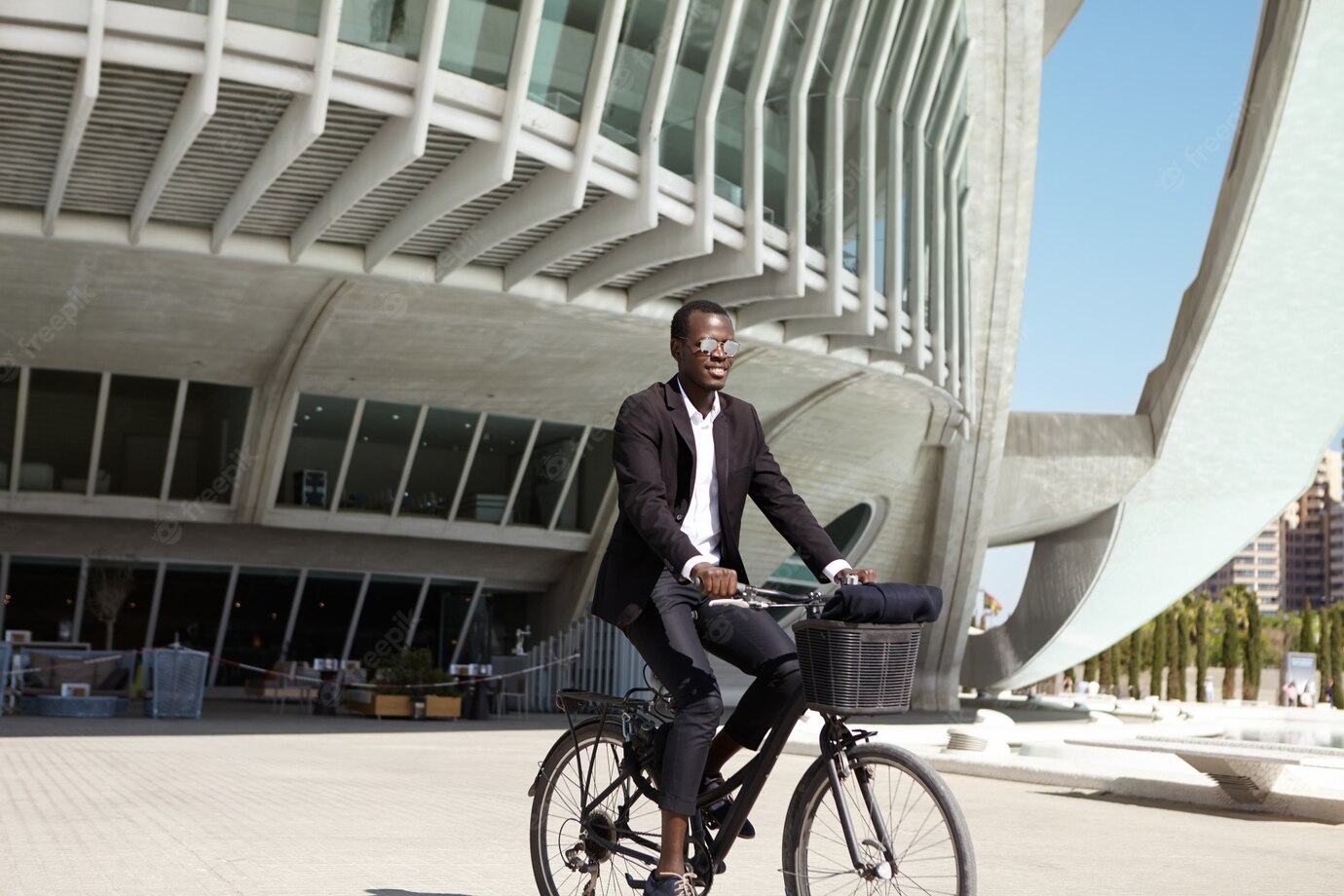 Ecologically Conscious Young Black European Businessman Wearing Black Suit Sunglasses Cycling Cafe Retro Bicycle During Lunch Break Sunny Day 273609 1167