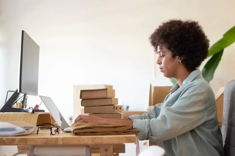 Employee of online shop using laptop. serious african american businesswoman sitting at tab;e with stack of packages. logistics concept Free Photo