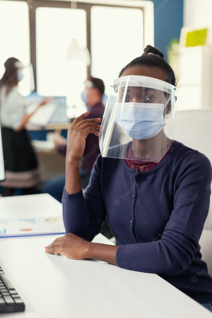 Entrepreneur Sitting Her Workplace Wearing Face Mask Against Coronavirus Multiethnic Business Team Working Financial Company Respecting Social Distance During Global Pandemic 482257 9941