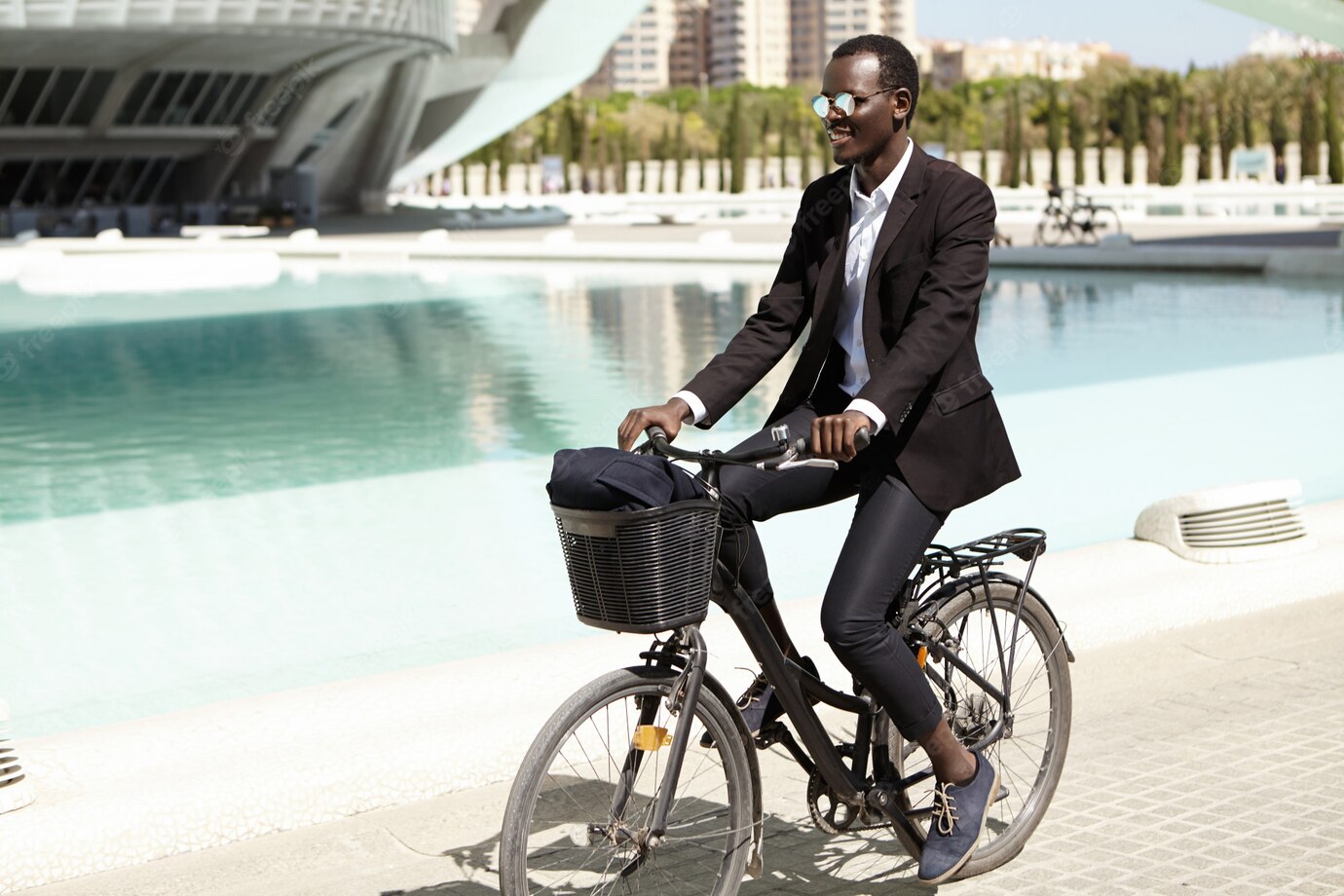 Environmentally Friendly Afro American Banker Formal Wear Shades Looking Happy Relaxed Cycling Work Bike Urban Setting Smiling Cheerfully Businesspeople Lifestyle Transport 273609 1187