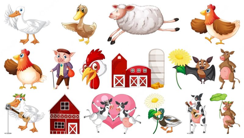 Farm animals and barn on white background Free Vector