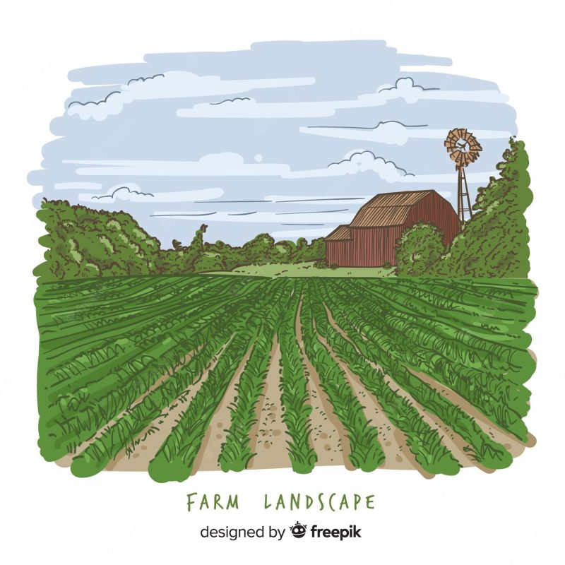 Farm landscape in hand drawn style Free Vector