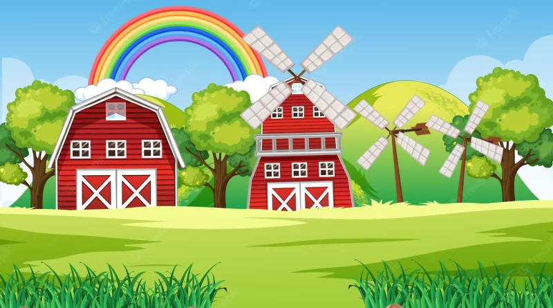 Farm landscape scene with barn and windmill Free Vector