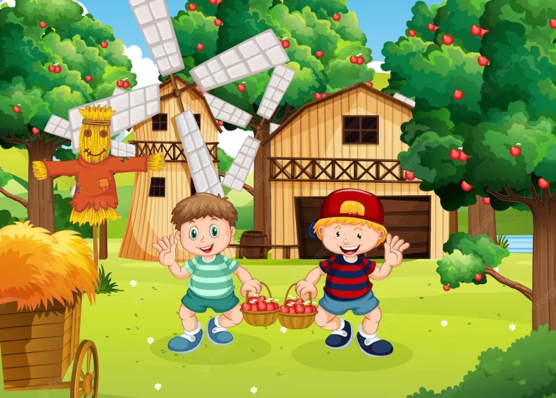 Farm scene with farmer boy cartoon character Free Vector