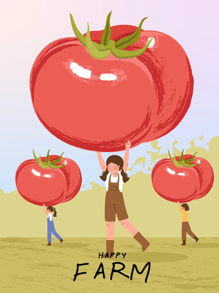 Farmer Cartoon Characters With Tomato Harvest Farm Poster Illustrations 37827 995