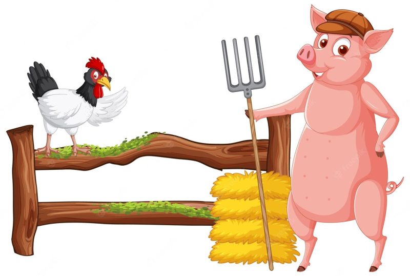 Farmer pig holding rake with chicken cartoon Free Vector