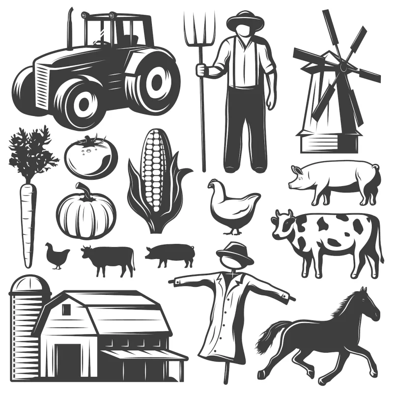 Farming monochrome elements set Free Vector Farming monochrome elements set Free Vector