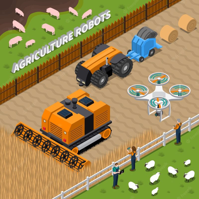 Farming robots isometric composition Free Vector