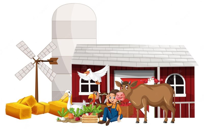 Farming theme with farmer and animals Free Vector