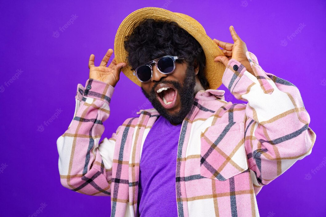 Fashion Portrait African American Man Glasses Against Purple Background 93675 133424