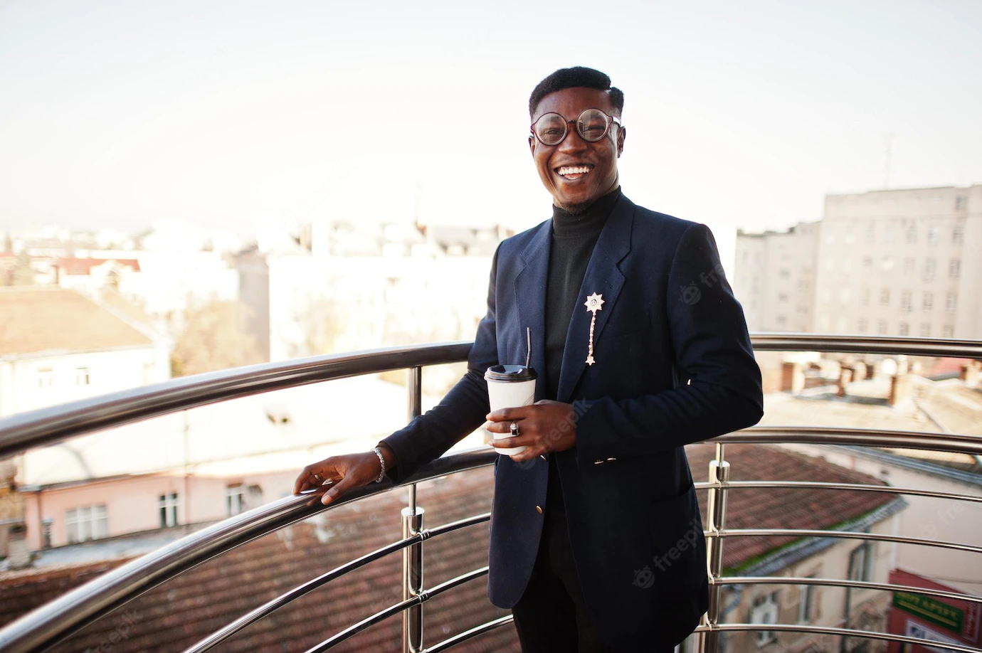 Fashionable African American Man Suit Glasses With Cup Coffee Hands Posed Balkony Office 627829 1721