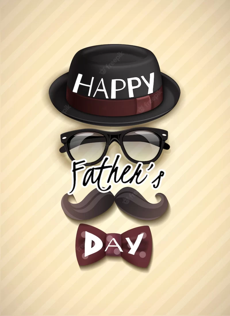 Fathers day greeting card with funny hat, glasses, mustache and bow tie Free Vector