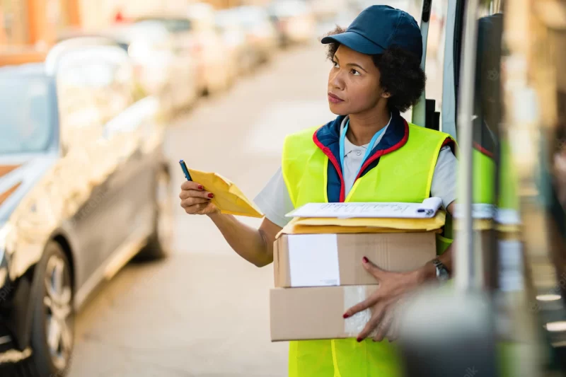 Female african american courier delivering packages in the city Free Photo