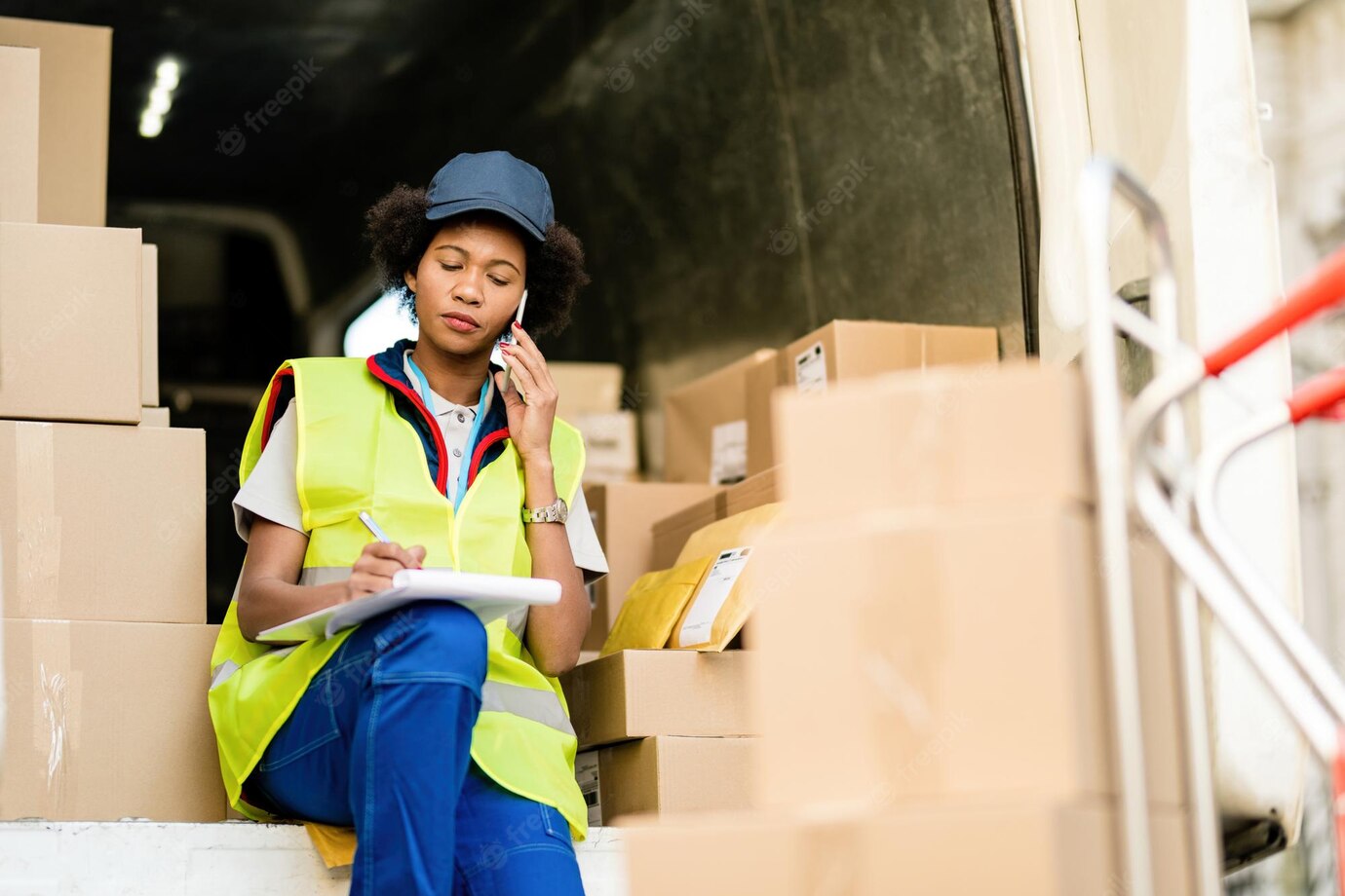 Female Black Courier Sitting Delivery Van Communicating Mobile Phone While Writing Notes Clipboard 637285 2152