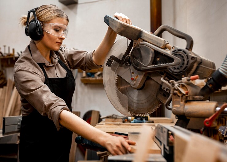 Female Carpenter Using Electric Saw Studio 23 2148813330