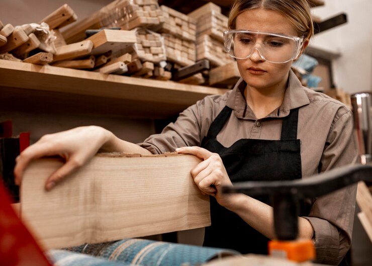 Female carpenter with piece of wood at work Free Photo