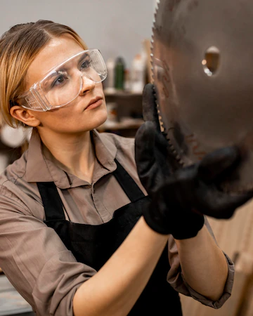 Female Carpenter With Safety Glasses Checking Saw Blade 23 2148813347