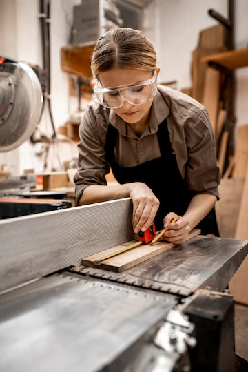 Female Carpenter Working Studio With Electric Saw 23 2148813326