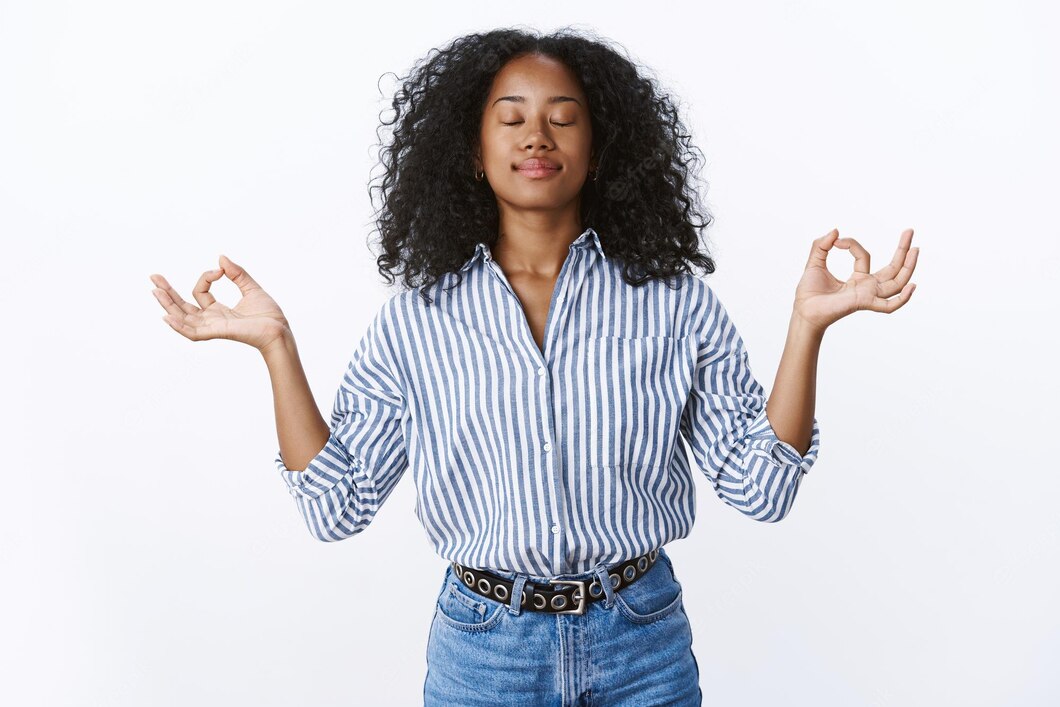 Female Office Worker Meditating During Lunch Keep Feelings Emotions Control Breathing Practice Yoga 176420 43415