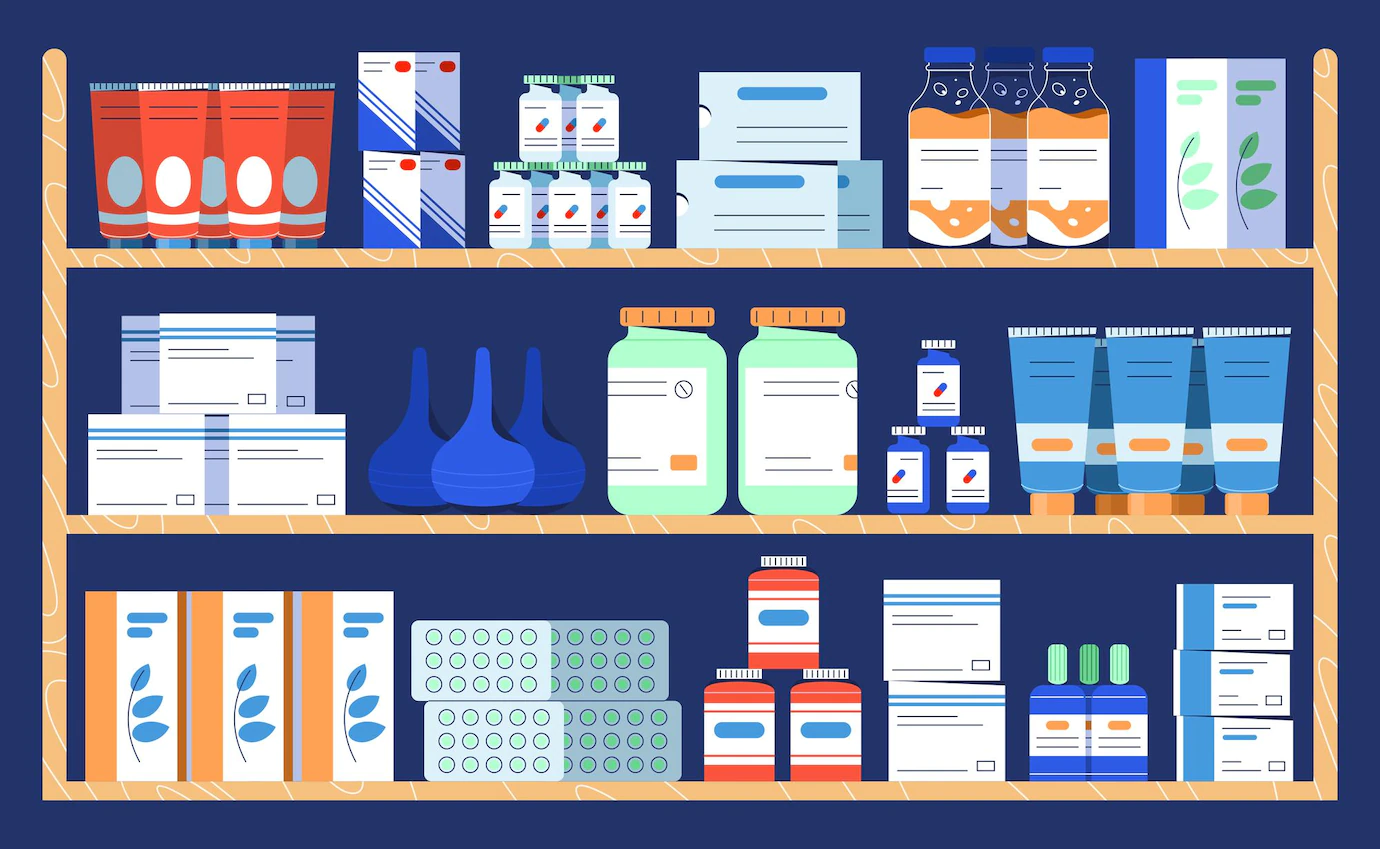 Flat Drug Shelves Pharmacy Shop Medicine Bottle With Pills Liquid Capsules Vitamins Tablets Blister Pack Shelf Drugstore Pharmaceutics Healthcare Medical Treatment Concept 88138 650