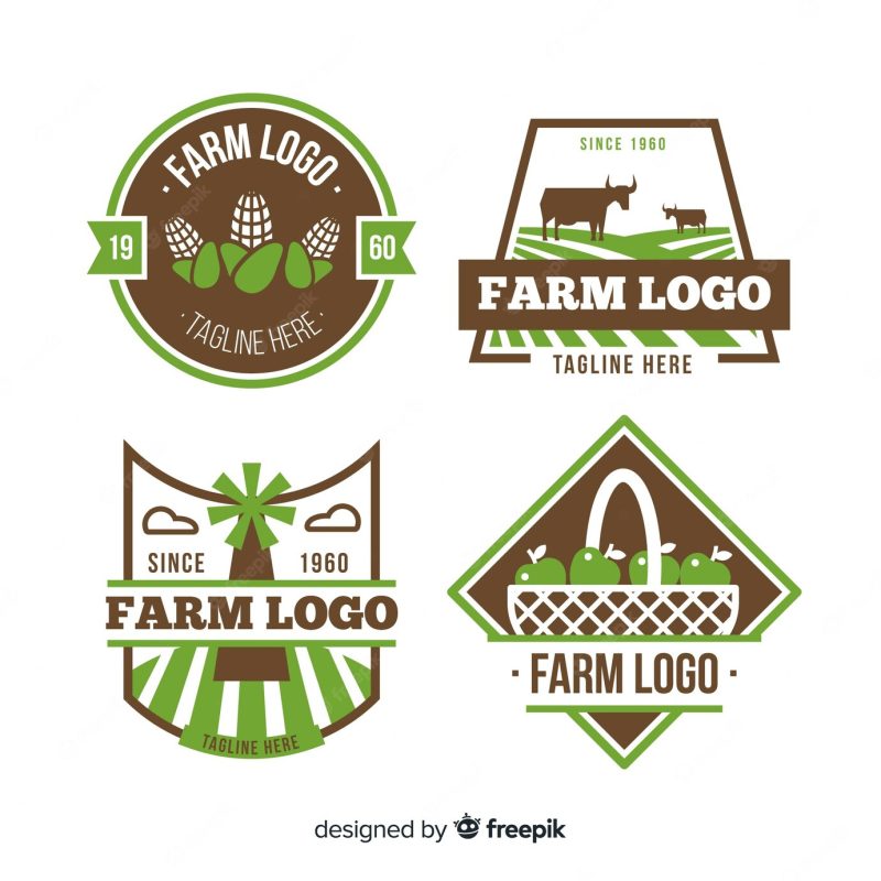 Flat green farm logo collection Free Vector