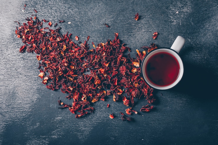 Flat Lay Cup Tea With Tea Herbs Dark Textured Background Horizontal 176474 5196