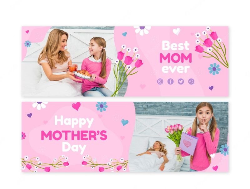 Flat happy mother’s day horizontal banners pack Premium Vector
