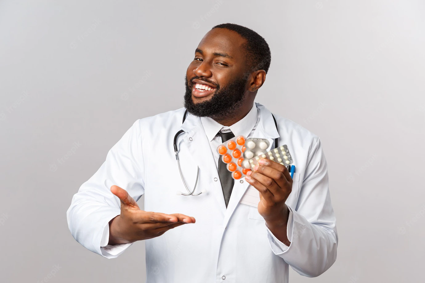 Flu Disease Healthcare Medicine Concept Happy African American Male Doctor White Coat Present New Drugs Cure From Disease Viruses Showing Pills Guarantee Good Quality Treatment 1258 58221