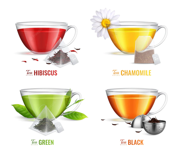 Four Square Realistic Tea Brewing Bag Icon Set With Hibiscus Chamomile Green Black Tea Flavors Vector Illustration 1284 30836