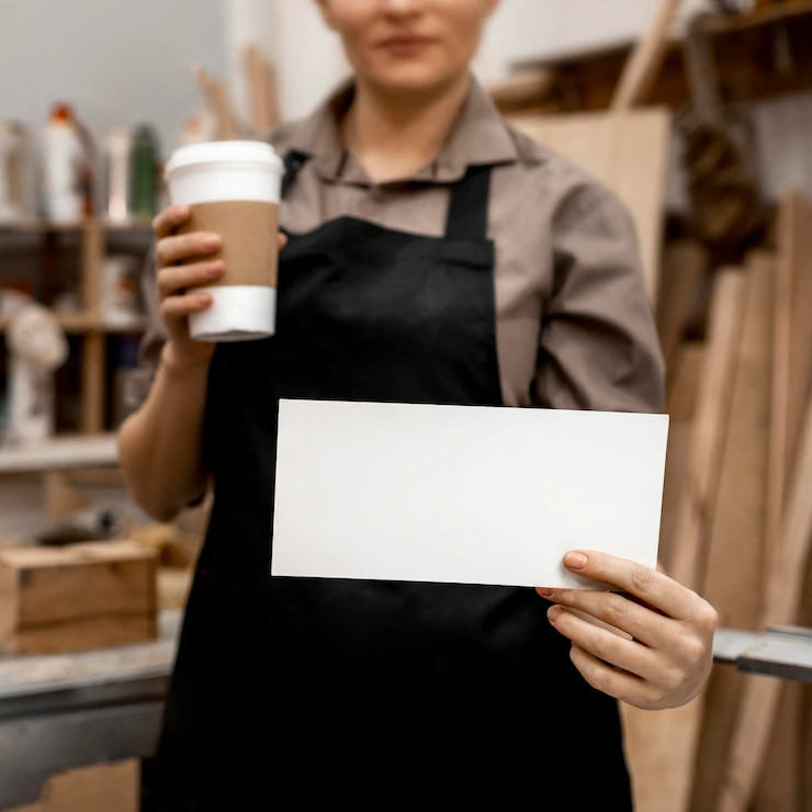 Front View Female Carpenter Holding Coffee Paper 23 2148813356