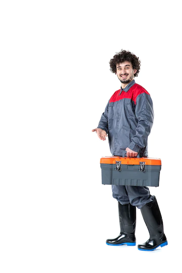 Front View Male Worker Uniform Carrying Suitcase With Tools White Wall 140725 146651
