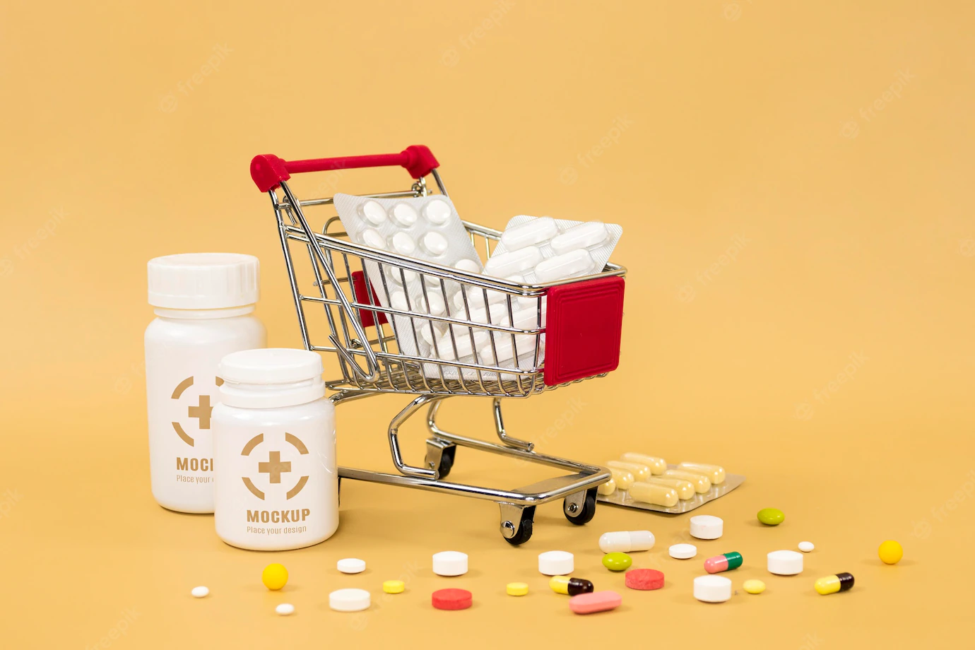 Front View Medicine Bottles With Pills Shopping Cart 23 2148727356