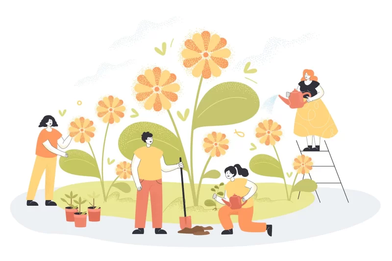 Garden work of people growing yellow flowers in spring together. tiny persons watering plants, happy florists gardening springtime flat vector illustration. nature, hobby, agriculture concept Free Vector