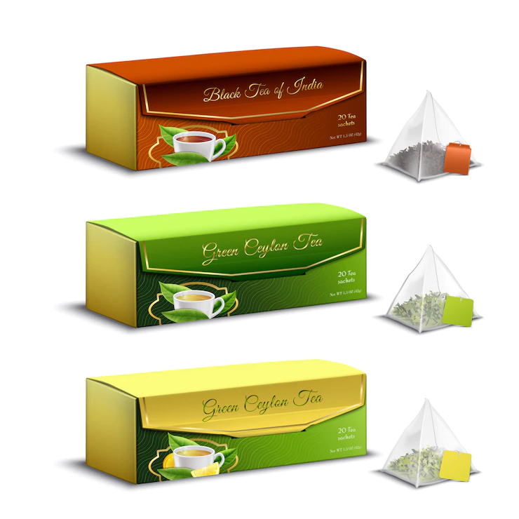 Green Black Indian Ceylon Tea Pyramid Bags Packaging Boxes Realistic Set Advertising Sale Isolated 1284 29037