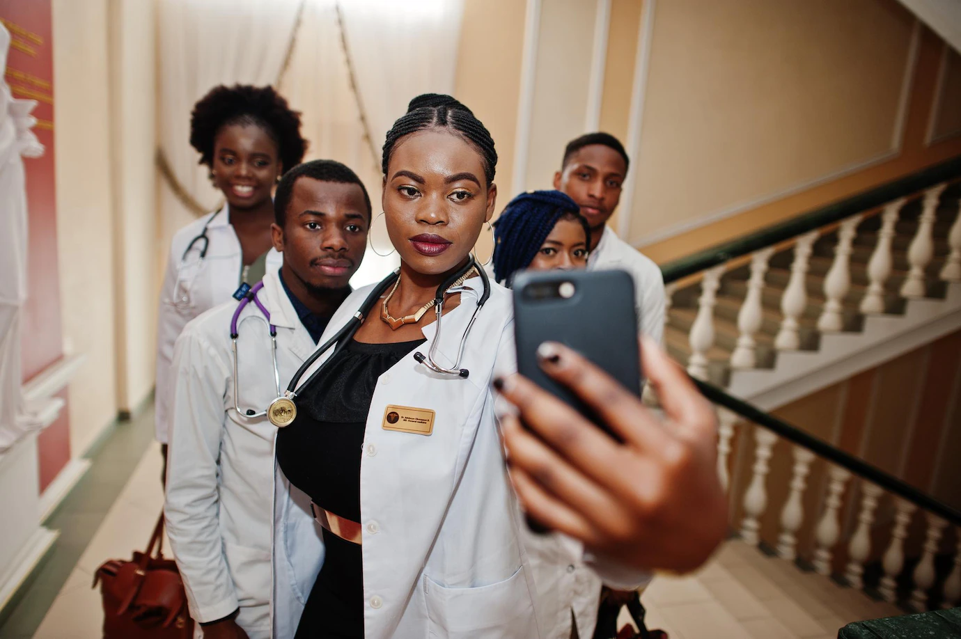 Group African Doctors Students Inside Medical University Making Selfie Phone 627829 2992