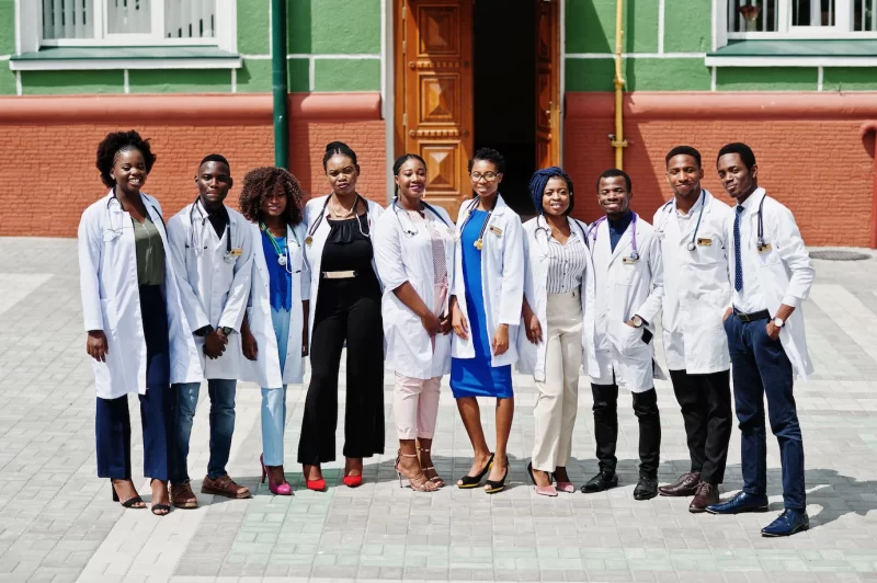 Group of african doctors students near medical university outdoor Free Photo