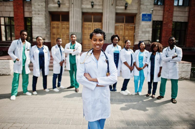 Group of african doctors students near medical university outdoor Free Photo