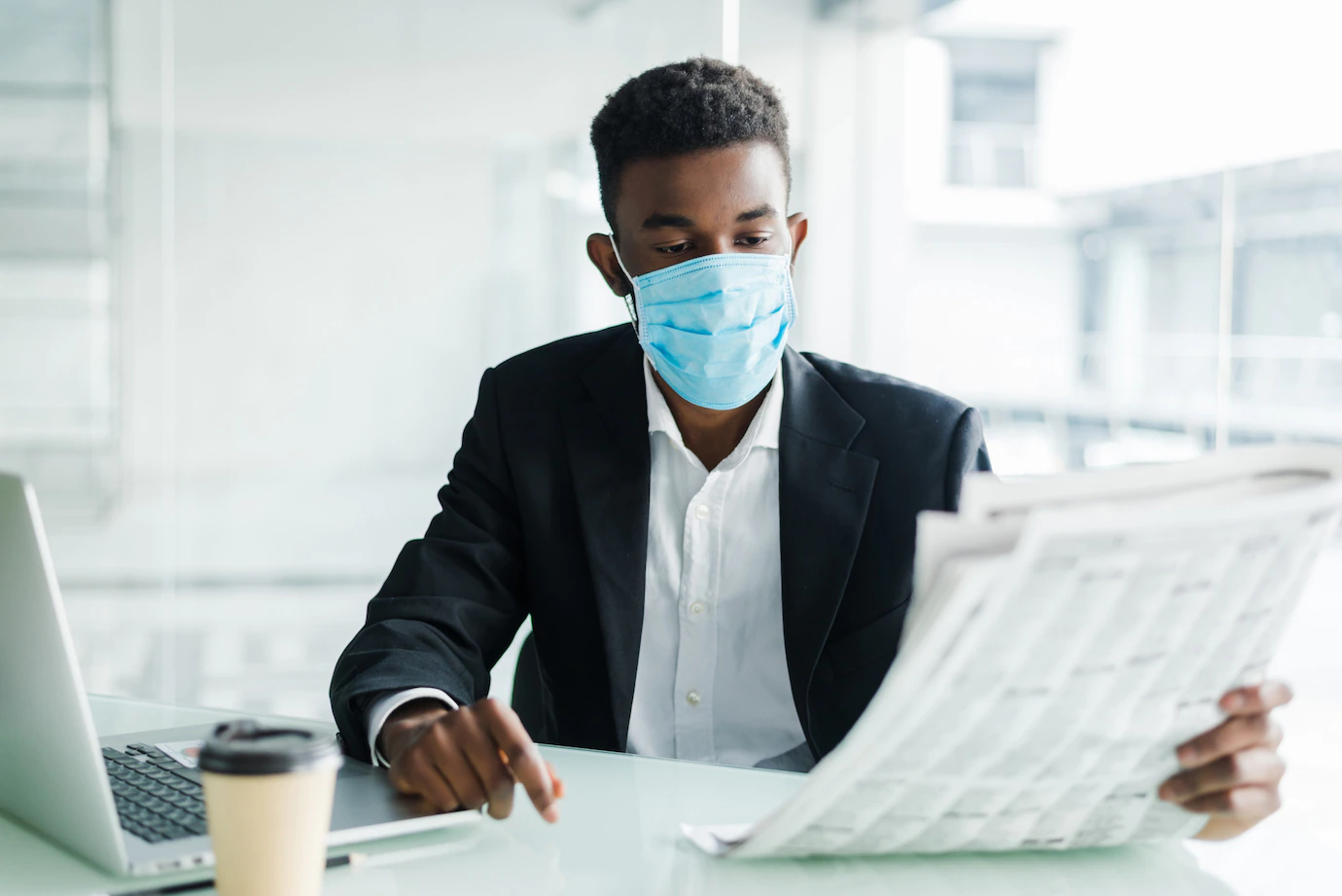 Handsome African Businessman Wear Medical Mask With Newspaper Morning Near Business Centre Office 231208 815