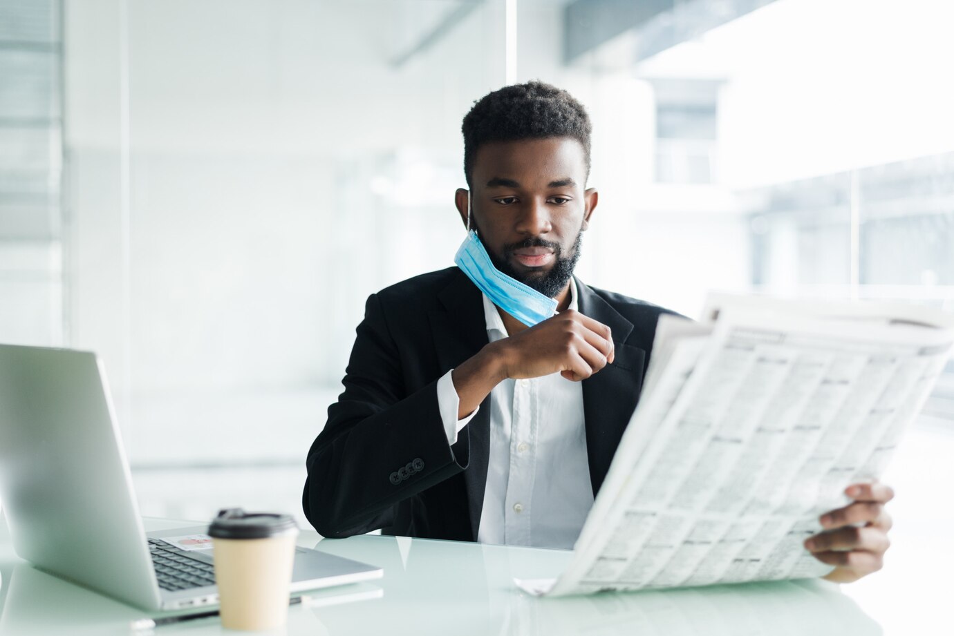 Handsome African Businessman Wear Medical Mask With Newspaper Morning Near Business Centre Office 231208 818