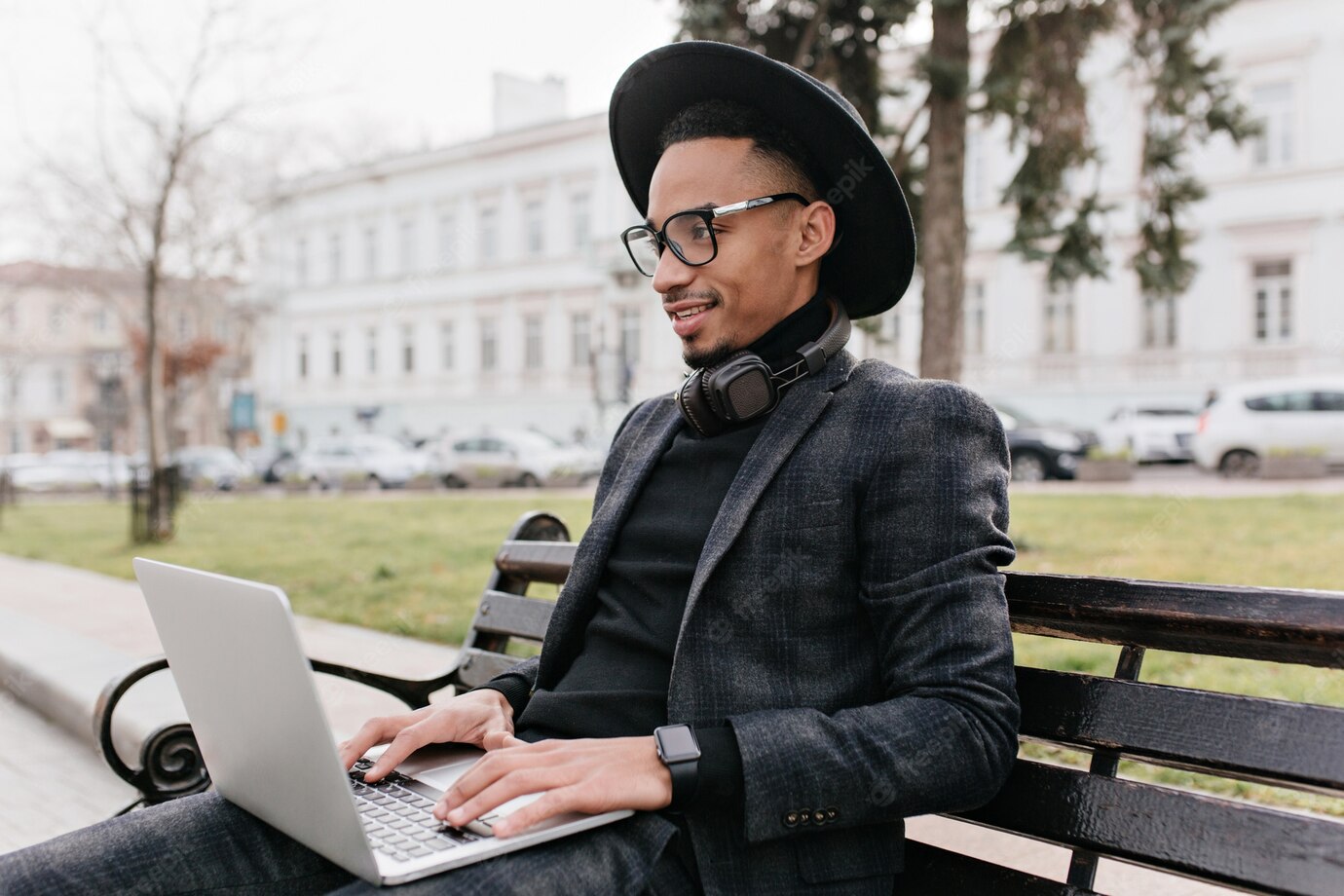 Handsome Young Freelancer Working With Computer Park Outdoor Portrait Glad African Guy Hat Studying With Laptop Bench 197531 21882