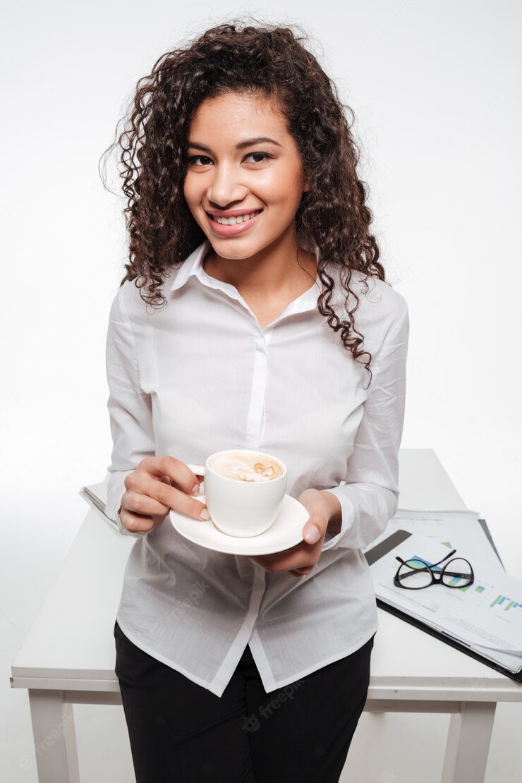 Happy African Business Woman Wearing Glasses Drinking Coffee 171337 16186