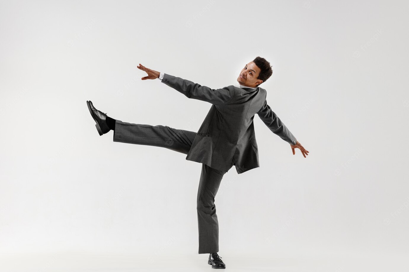 Happy Businessman Dancing Motion Isolated White Studio Background Flexibility Grace Business Human Emotions Concept Office Success Professional Happiness Expression Concepts 155003 33832