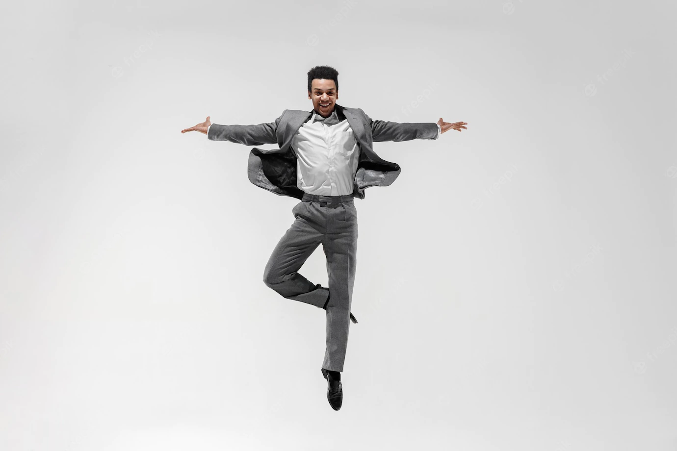 Happy Businessman Dancing Motion Isolated White Studio Background Flexibility Grace Business Human Emotions Concept Office Success Professional Happiness Expression Concepts 155003 34525