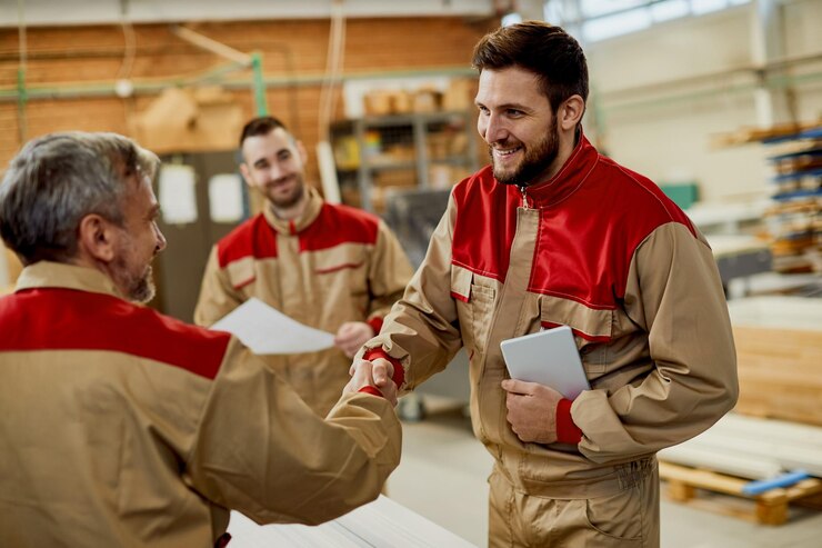 Happy Carpenter Handshaking With Is Colleague While Greeting Workshop 637285 11815