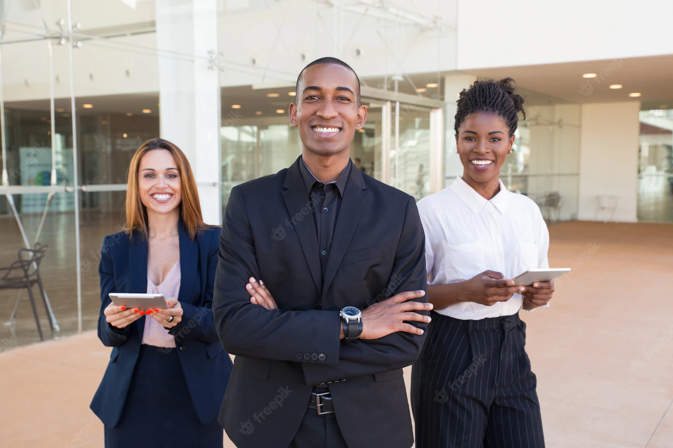 Happy Cheerful Business People Posing Office Hallway 1262 20204