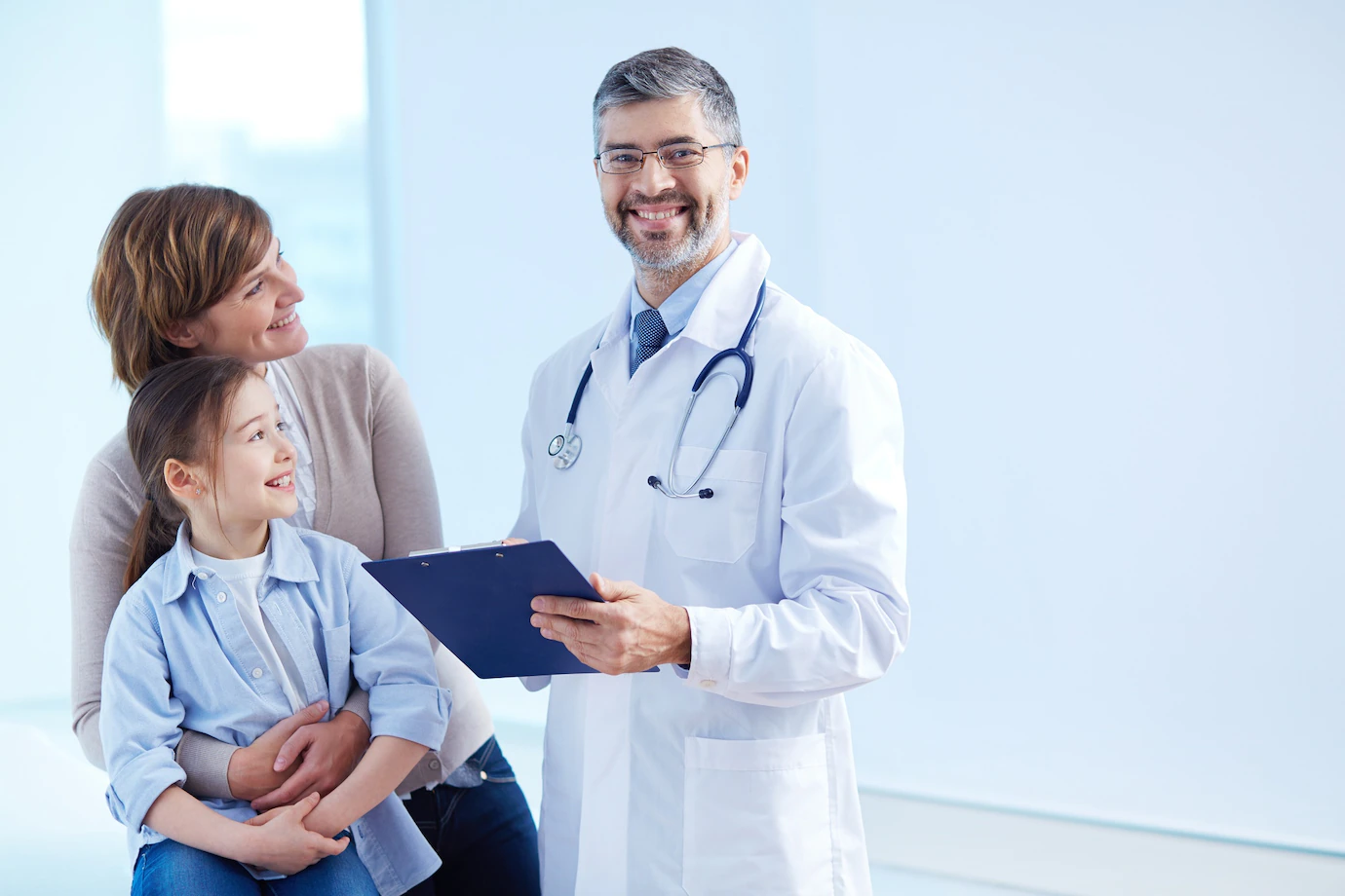 Happy Doctor Holding Clipboard With Patients 1098 2176
