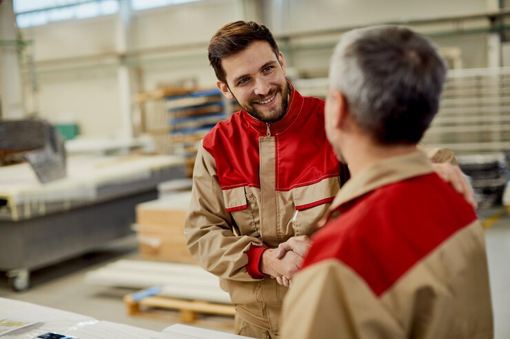 Happy Manual Worker Shaking Hands While Working Carpentry Workshop 637285 11817